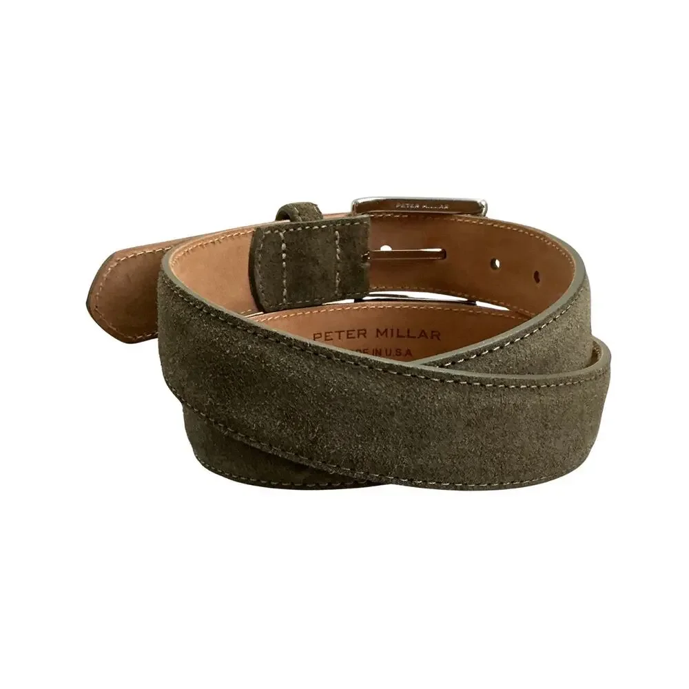Peter Millar Excursionist Olive Green Velvety Suede Polished Silver Belt Size 32